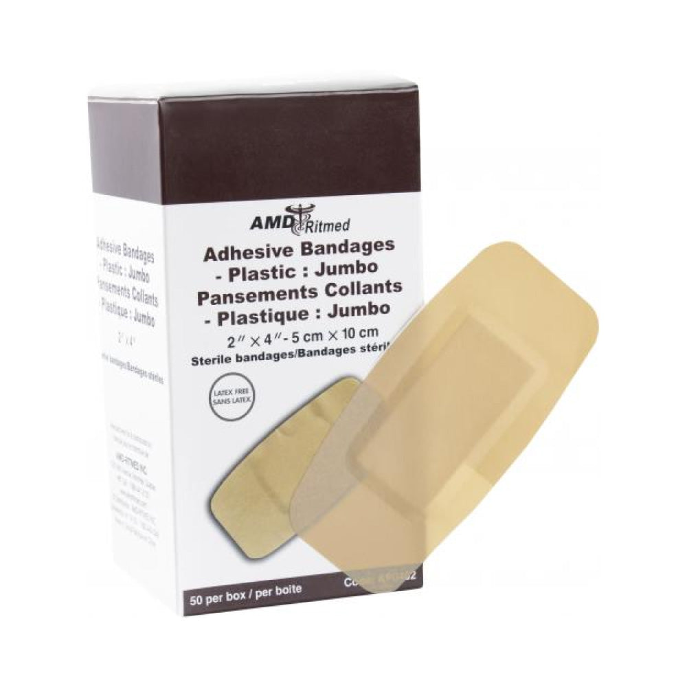 Plastic Adhesive Bandage, Jumbo 2" x 4", Box of 50
