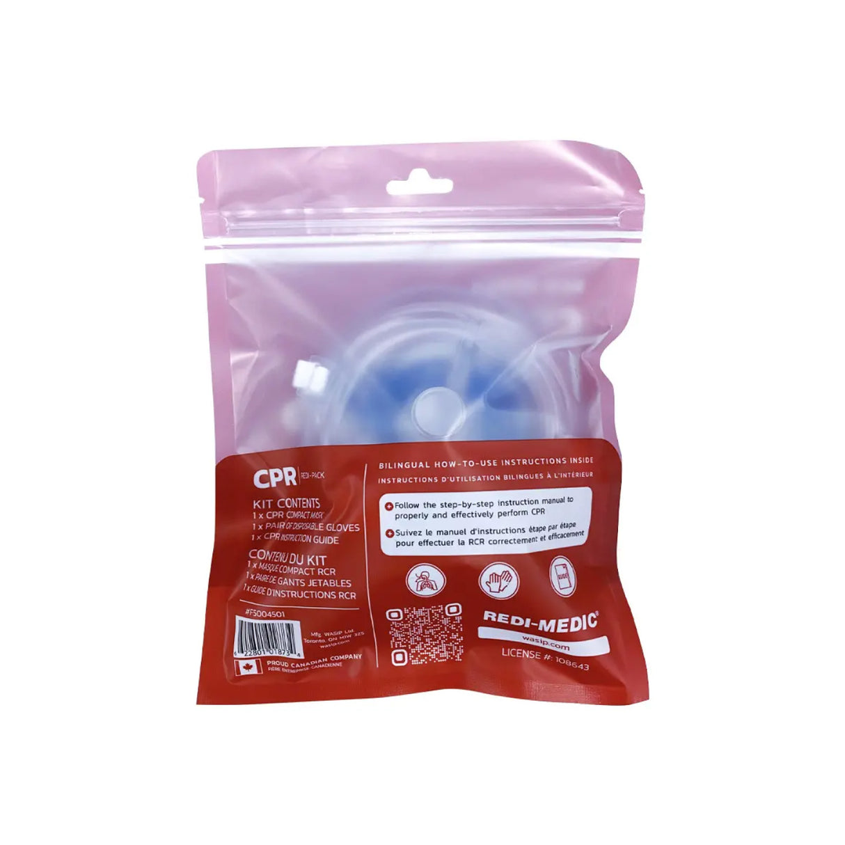 Kit de RCR - Masque pour adulte avec entrée d'oxygène et gants dans un sac en plastique