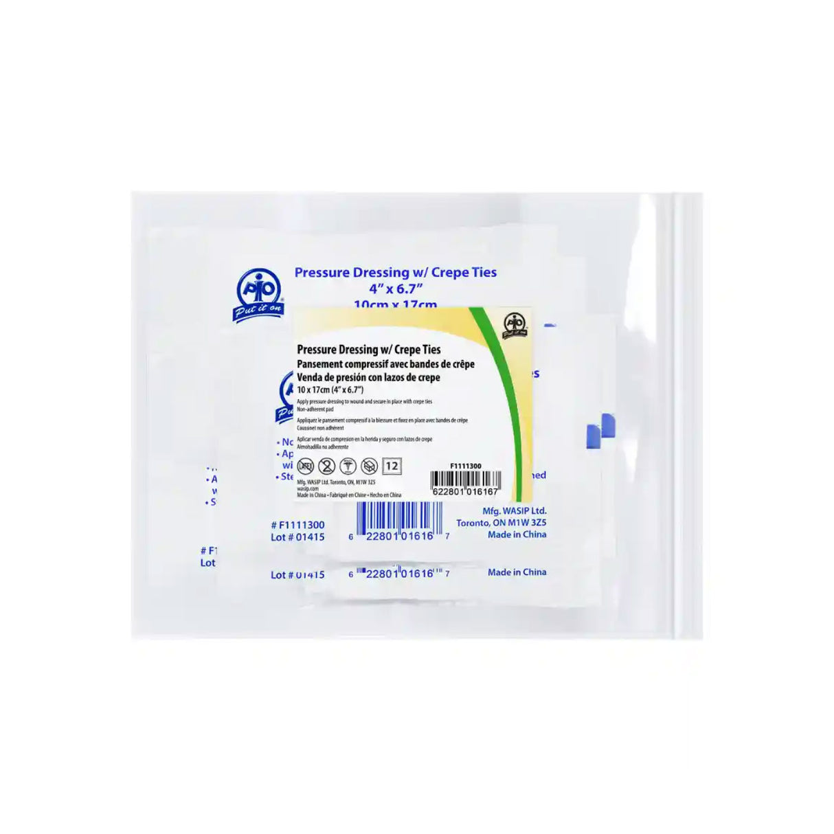 Industrial Compress/Pressure Bandage with Crepe Ties, Sterile, 10 x 17 cm (4")