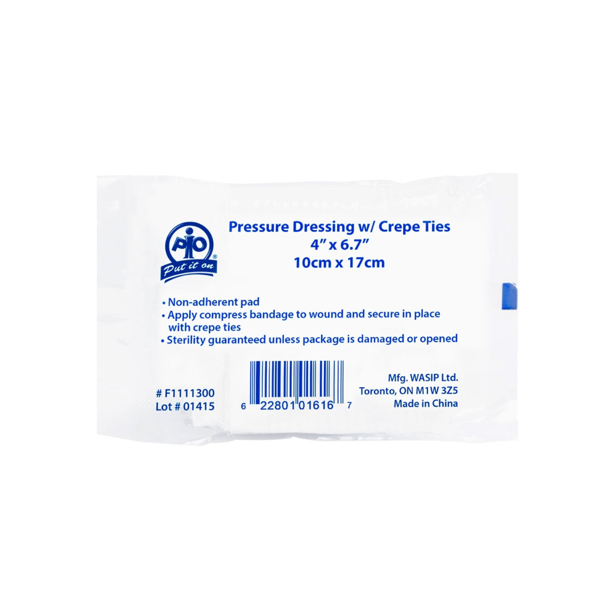 Industrial Compress/Pressure Bandage with Crepe Ties, Sterile, 10 x 17 cm (4")