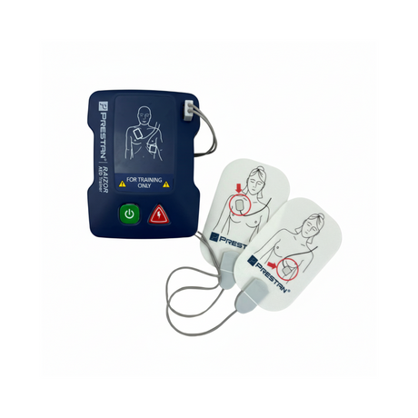 Prestan AED trainer with two electrodes on a white background